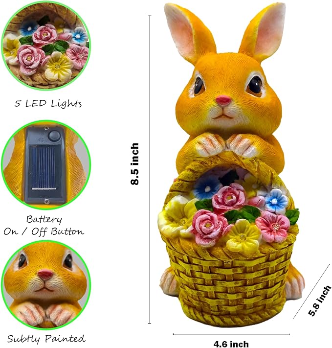 Solar Garden Statues Rabbit & Flowers Decor Outdoor Indoor with 5 LED Light, Unique for Women,Mom,Grandma,Girls, Bunny Lawn Decorations Statue for Patio,Yard Ornament,Gardening