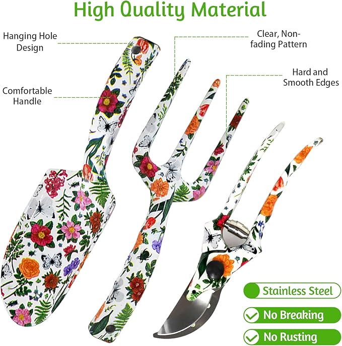 Garden Tool Set, 4 PCS Heavy Gardening Kit Heavy Duty Floral Hand Tools, Fancy Gifts for Women, Including Trowel, Sharp Pruner, Hand Rake, and Mat (White Set)