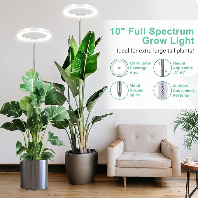 LORDEM 10" Grow Light for Indoor Plants, Full Spectrum Plant Lamp with160 LEDs, 4H/8H/12H Timer, 10 Dimmable Levels, 3 Spectrum Modes, Height Adjustable 61", Ideal for Large Tall Plants, Pack of 2