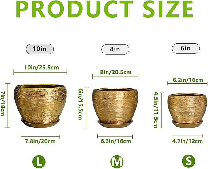 Flower Pots for Indoor Plants- Ceramic Pots for Plants 10 Inch 8 Inch 6 Inch Plant Pots with Drainage Holes and Saucers Decorative Large Planters for Outdoor Plants Set of 3 Gold