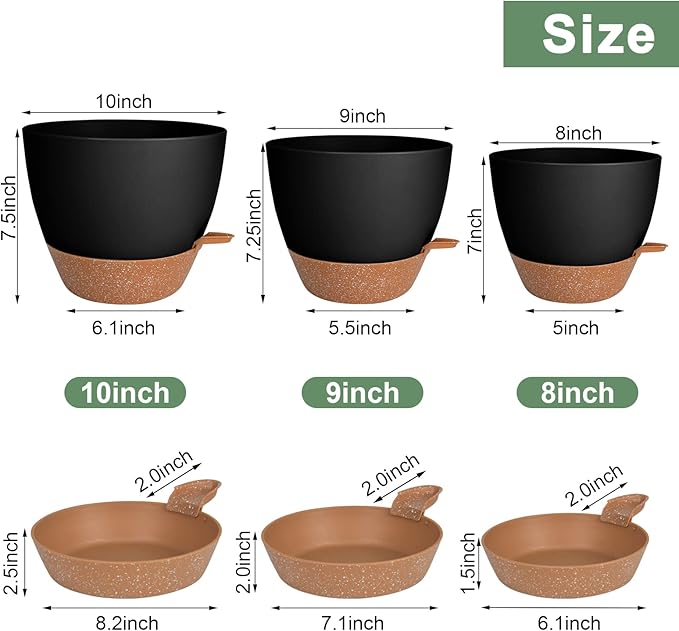 Planters for Indoor Plants 3 Pack, 10/9/8 Inch Self Watering Flower Pots with Drainage Hole, Plastic Large Plant Pots (Black)