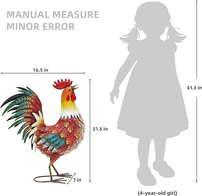 21" Metal Rooster Decor, Outdoor Garden Statues, Metal Chicken Sculpture for Backyard Patio Kitchen Decor