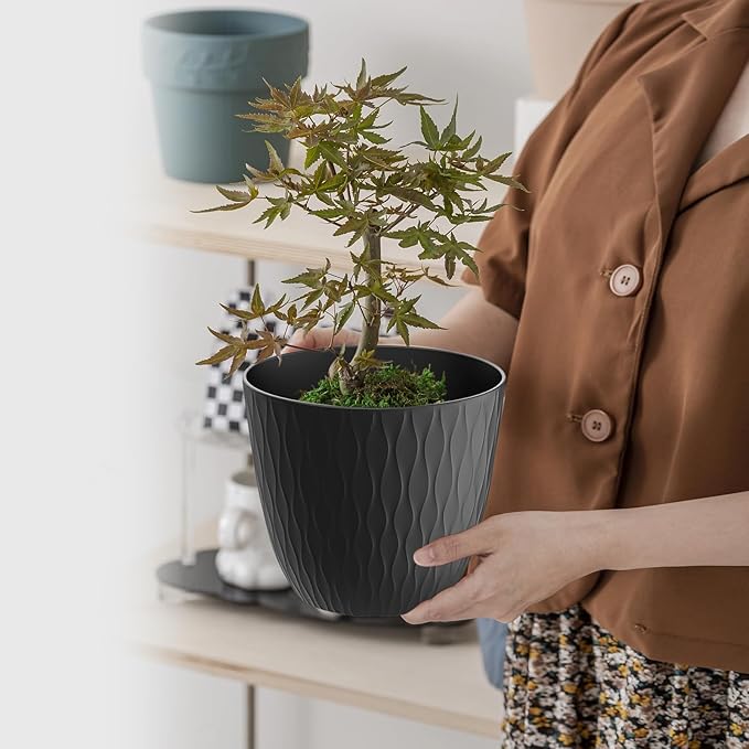 12 Pack 6 inch Plant pots, Plastic Planters with Drainage Holes and Saucers for Indoor Outdoor Flowers and Plants, Black