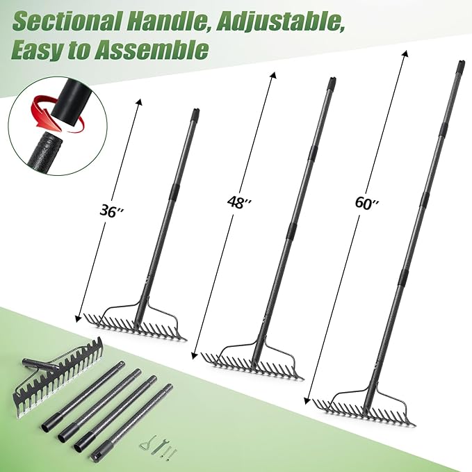 Garden Rake, 5FT Bow Rake Heavy Duty Leveling Rake with Adjustable Handle, 17 Tines Wide Head Metal Thatch Rake for Gardening Leaves Lawn Yard Mulch Rake