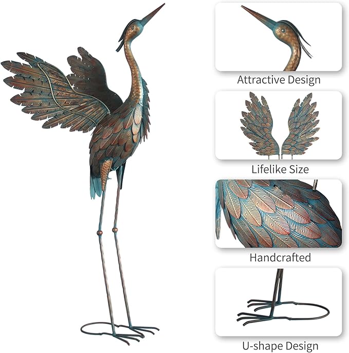 Crane Statues for Garden Decor, Metal Yard Art Heron Garden Statues, Standing Garden Sculptures & Statues for Yard Decorations Outdoor, 38-42 Inch Set of 2, Copper