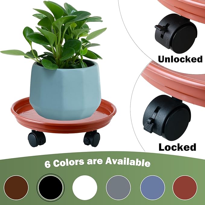 6 Packs Plastic Plant Caddy with Wheels 11.8" Plastic Rolling Plant Stands Heavy-Duty Plant Dolly with Casters Indoor and Outdoor Plant Roller Base Wheels, Rust Red