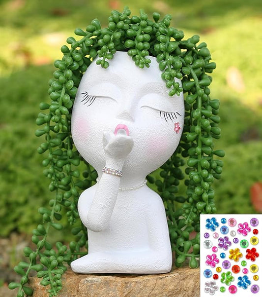 Cute Head Planter Pot/Face Planters for Indoor Plants,with Drainage Hole,Flower Pot Face pots Cute Lady Head Planters Pot for Indoor Outdoor Plants,Cute Resin Succulent Planter (White)