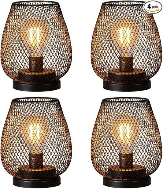 DECORKEY Set of 4 Battery Operated Lamp LED Table Lantern, Brown Metal Cage Cordless Lamps with LED Bulb，Vintage Decorative Outdoor Lantern for Weddings, Parties, Patio, Events for Indoors Shelf Decor