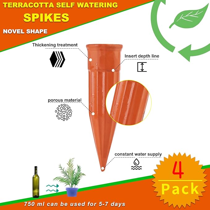 Self Watering Spikes -4 Pack Terracotta Plant Watering Stakes Devices Vacation Self-Watering Stakes for Indoor/Outdoor Plants