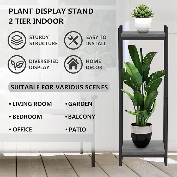 34" Tall Plant Stand Indoor, 2-Tier Modern Plant Shelf Corner Flower Pot Holder Organizer for Living Room Balcony Garden, Oak Grey