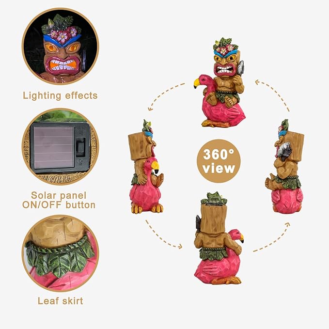 Solar Tiki Statue Flamingos Decor - Tiki Decorations Outdoor for Bar, Patio, Balcony, Yard,Lawn Ornament