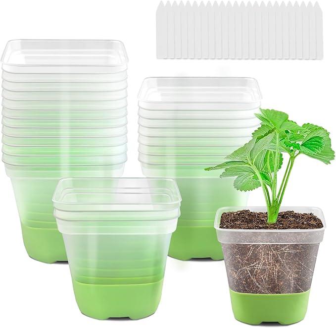 24 Packs 3 Inch Square Plastic Nursery Pots, Clear Plant Pot with Soft Silicone Base for Easy Transplant, Flower Pots with Drainage Holes, Reusable Seedling Pots Starter Pots