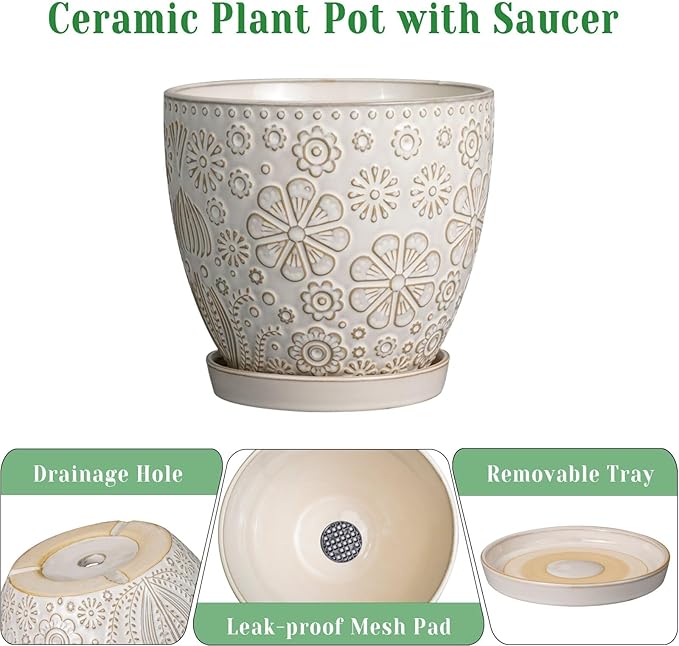 10 Inch Ceramic Planter Pot Large Plant Pot for Indoor Plants Outdoor Round Flower Pot with Drainage Hole and Saucer for Home Garden Decor White