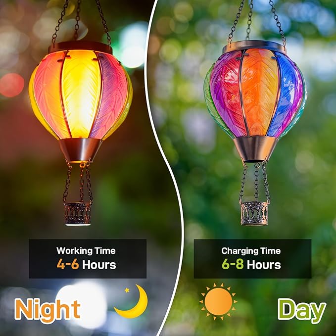 Solar Hot Air Balloon Lantern with Flame Outdoor Lights, Solar Lantern Gardening Gifts for Mom Grandmom, Hanging Hot Air Balloon Lights Outdoor Waterproof Decor for Patio