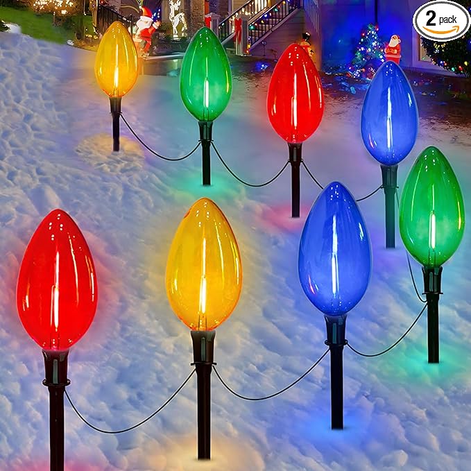 Jumbo C9 Christmas Pathway Lights Outdoor - 2 Pack Total 14 FT 8 LED C9 Giant Clear Multicolor Christmas Walkway Lights for Lawn Holiday Yard Garden Driveway Xmas Decorations