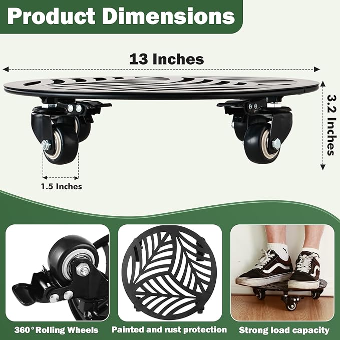 2 Packs Metal Plant Caddy with Wheels 13” Heavy-duty Wrought Iron Rolling Plant Stands with Casters Indoor and Outdoor Plant Pot Roller Base Plant Saucer Movers Black, Strong Load Capacity