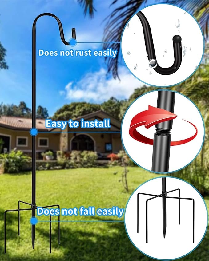 Shepherd Hook for Outdoor with 5 Prong Base, 2PCS 60IN Inches Garden Bird Feeder Pole for Hanging Bird Feeder, Plant Baskets, Solar Light Lanterns, Outdoor Plant Hanger Hook