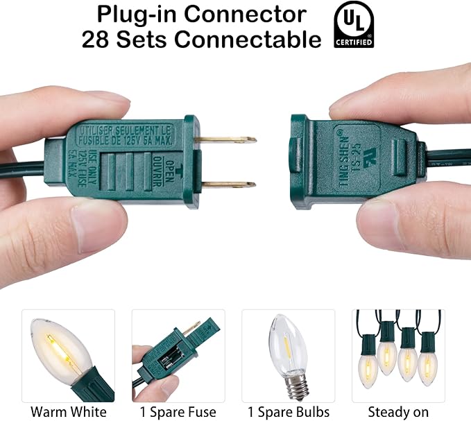 Vintage C9 Christmas Lights Outdoor, 25 Feet 25 LED C9 Christmas Decorations, Connectable Waterproof String Lights for Holiday Party Roofline Backyard Garden Patio, E17 Base, Warm White