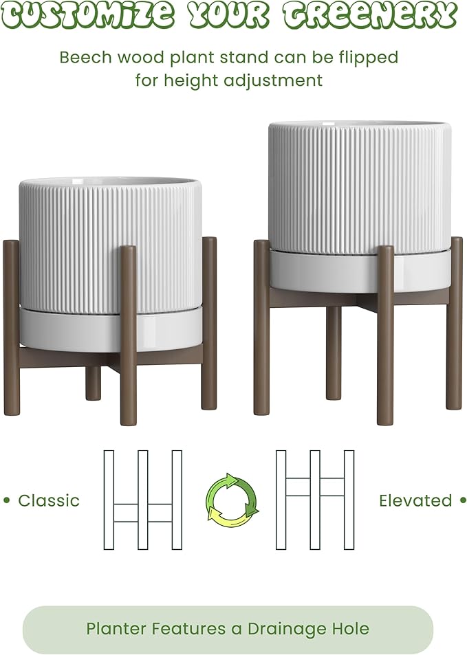 Ceramic Planter Pots Indoor with Drainage Hole & Saucer,Including Stand,7.3 Inch Mid-Century Modern Cylinder Plant Pot for Snake Flower Leaf