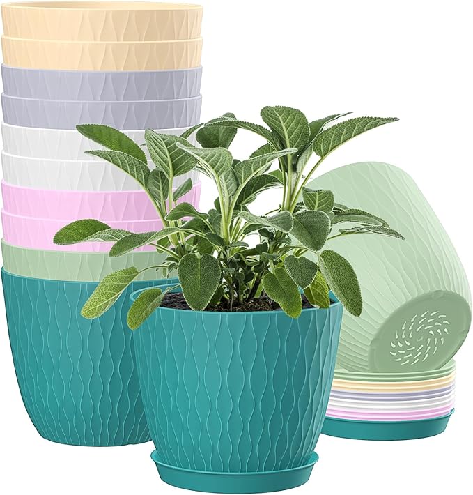 6 inch Plant pots, 12 Pack Modern Plastic Planters with Drainage Holes and Saucers for Repotting Indoor Plants and Flowers, Colorful