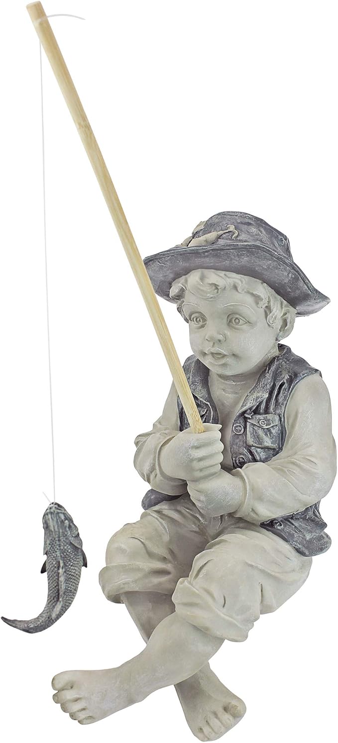Design Toscano Frederic the Little Fisherman of Avignon Boy Fishing Garden Statue, 15 Inch Tall, Cast Stone Resin, Two Tone Stone Finish