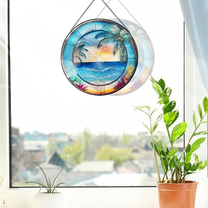 RIVEENY Blue Ocean Sunset Glass Window Hanging Decor,8" Stained Glass Sun Catcher Hanging Decoration with Metal Chain-Sun Catchers for Window Decor Outdoor Garden Decor Gift (Oceans)