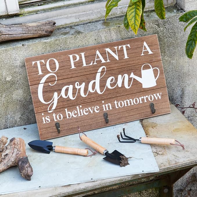 COLLECTIVE HOME - Garden Decor with Tools, Inspirational Wood Hanging Signs, Garden Tools Set - 3 Piece, Out Door Decor with Hooks, to Plant a Garden is to Believe in Tomorrow, 15.75"x9.5" (Wood)
