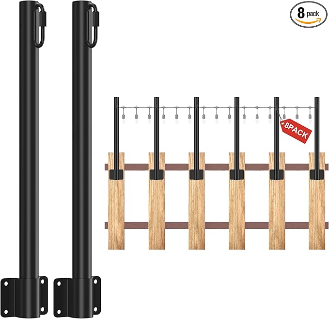 Suchtale 8 Pack 1.3 FT String Light Poles, Suspension Outdoor Fence Post Lights with Clip and Bracket, Outside String Lights Hanging, Wall Mounting Stand for Patio Garden Backyard Wedding Party, Black