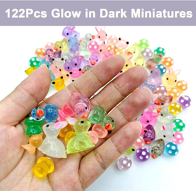 122Pcs Luminous Mini Resin Animal Figurines Glow in The Dark Cute Rabbits Frogs Mushrooms Glitter Ducks 4 Combination Miniature Figurines Set for Office Garden Decoration Aquarium Home Party Decor