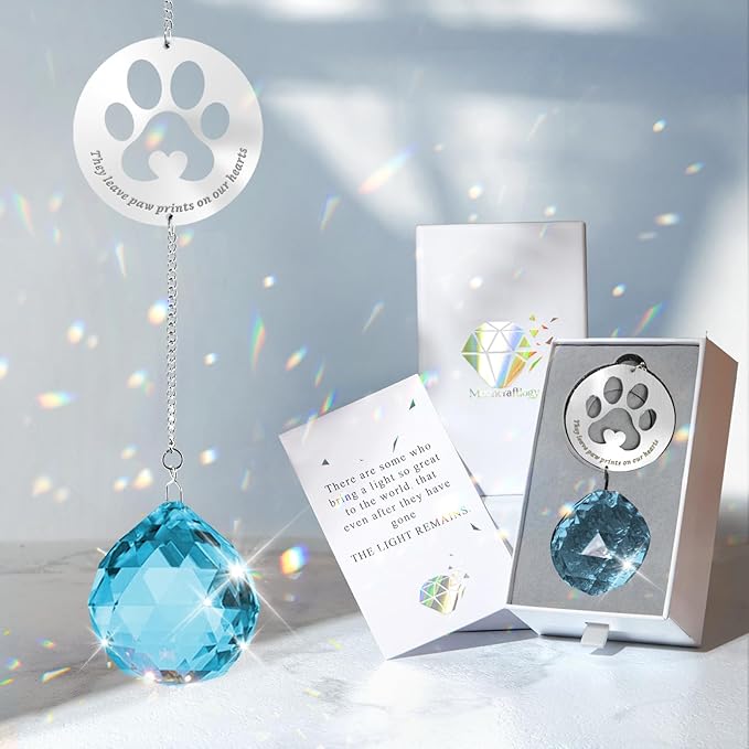 Dog Memorial Gifts, Unique Loss of Pet Sympathy Idea, Sky Blue Crystal Ball Rainbow Suncatcher with Paw Print for Cat or Dog Remembrance and Bereavement