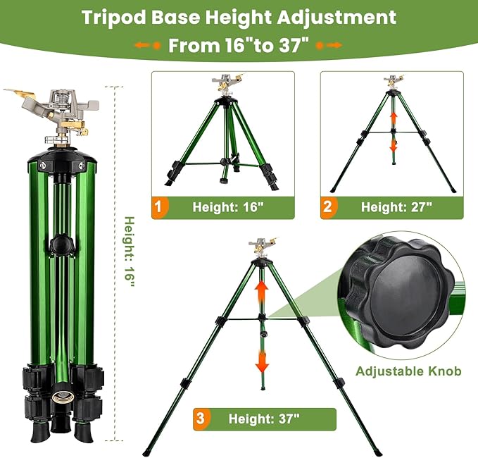 Impact Sprinkler on Tripod Base, 2 Pack Lawn Sprinkler for Yard 360 Degree Large Area Water Sprinkler for Lawn Heavy Duty Garden Sprinkler with 3/4 Inch Connector Extension Legs Flip Locks