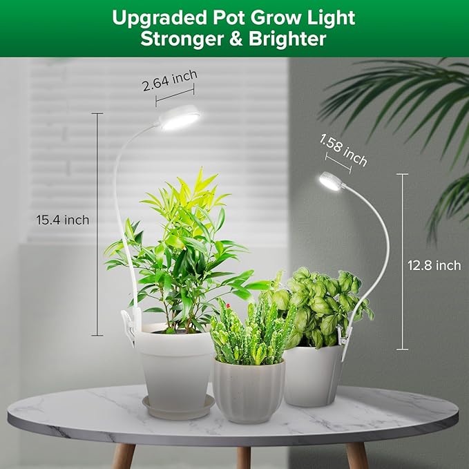 SANSI Grow Lights for Indoor Plants, Pot Clip LED Plant Light for Growing Full Spectrum, Plant Growing Lamp with 4-Level Dimmable, Auto On Off 3 6 12 Hrs Timer for Pot Plants, White 10W 2-Pack