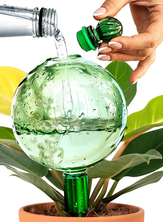 16 Oz Plant Watering Globes For Indoor Plants With Metal Self Watering Planter Insert - Premium XL Glass Hand-blown Globes - Automatic Indoor Planter Waterer, Gift Idea For Gardeners [1, Green]