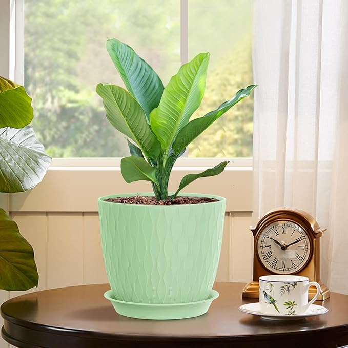 7 inch Flower Pots, 5 Pack Plant Pots with Drainage Holes and Saucers for Indoor Plants, Plastic Planters with Water Ripple for Small Garden House Plants, Nursery Pots for Succulent, Green