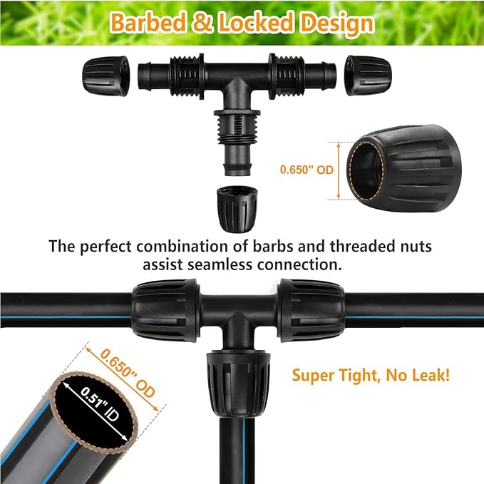 1/2 Inch Irrigation Fittings Tee Connector, Lock Barb Tee Connector (1/2" ID x0.640" OD), Drip Proof Straight Tee for Irrigation Pipes -10 Per Pack