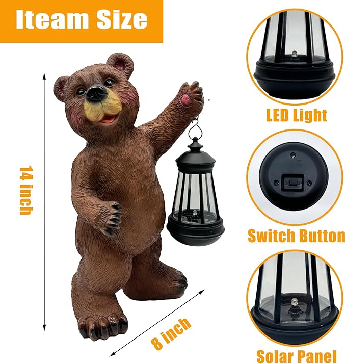 Solar Lantern Garden Statues Decor, Outdoor Bear Figurine Lights for Yard Patio Decoration - Unique Christmas Housewarming Gift for Grandma Wowen Mom Brown