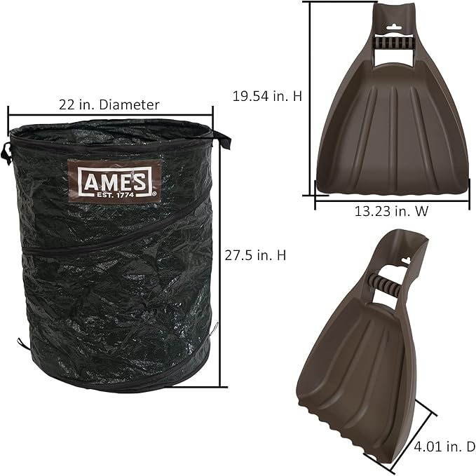 AMES Leaf Scoops Hand Rake Set with Collapsible Pop-Up Garden Waste Bag for Collecting Leaves, Mulch and Debris