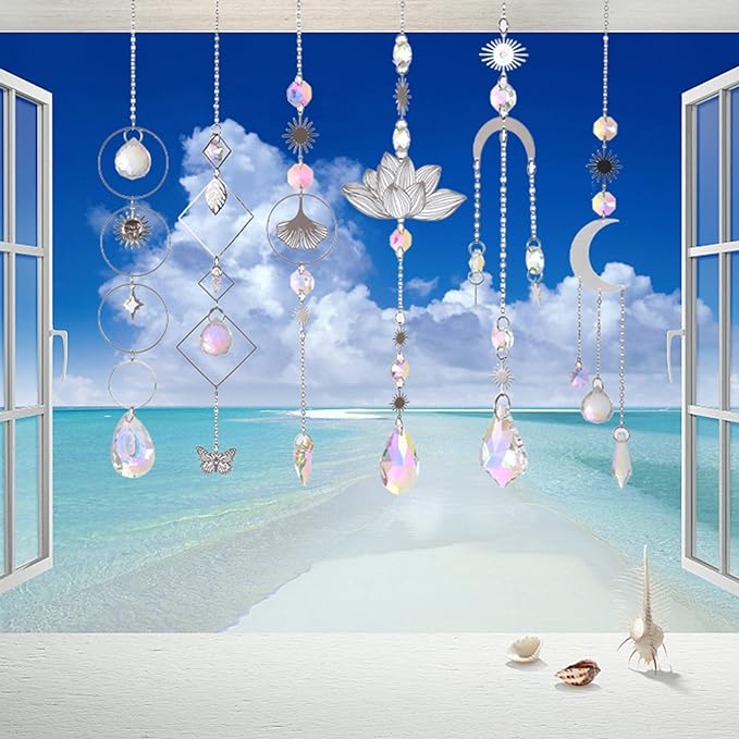 Sun Catchers, 6 Pieces Colorful Suncatchers Decorative Hanging Clear Crystal Prism Rainbow with Silver Moon Sun Metal Forms Suncatcher Kit for Window Indoor Outdoor Car Mirror Decor Xmas Gift