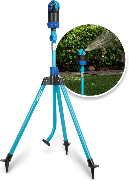 Aqua Joe AJ-6PSTB-MAX HD Sprinkler & Mister W/Metal Tripod Base, 6 Patterns, 4100 Sq. Ft. Coverage, Blue
