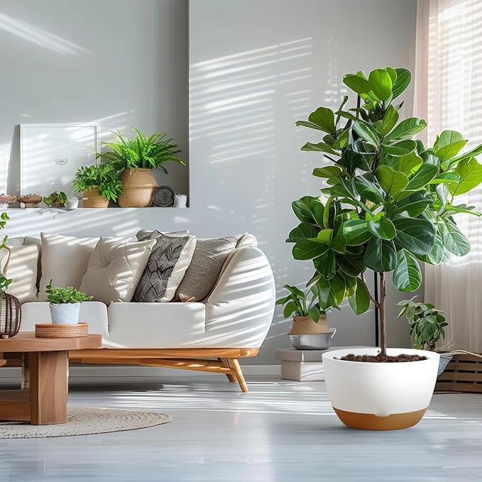 8/10/12 Inch Pots for Indoor Plants, Large Self Watering Planters with Drainage and Saucers, Plastic Outdoor Flower Pot, Set of 3, White