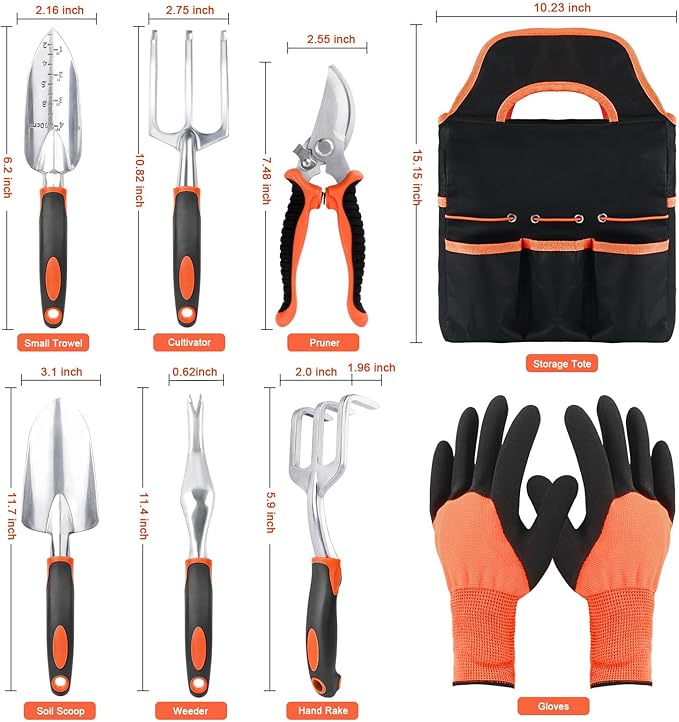 Garden Tools Set, 8 Piece Gardening Tools Set with Non Slip Ergonomic Handle, Heavy Duty Garden Tool Set with Storage Bag, Gardening Kit for Women, Gardening Hand Tools Gift for Women and Men, Orange