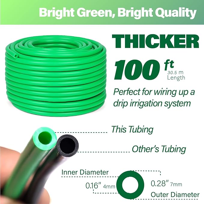 1/4 INCH Drip Irrigation Tubing, 100 ft Roll Green Blank Distribution Hose Perfect for DIY Garden Irrigation System, Hydroponics, Misting Tubing