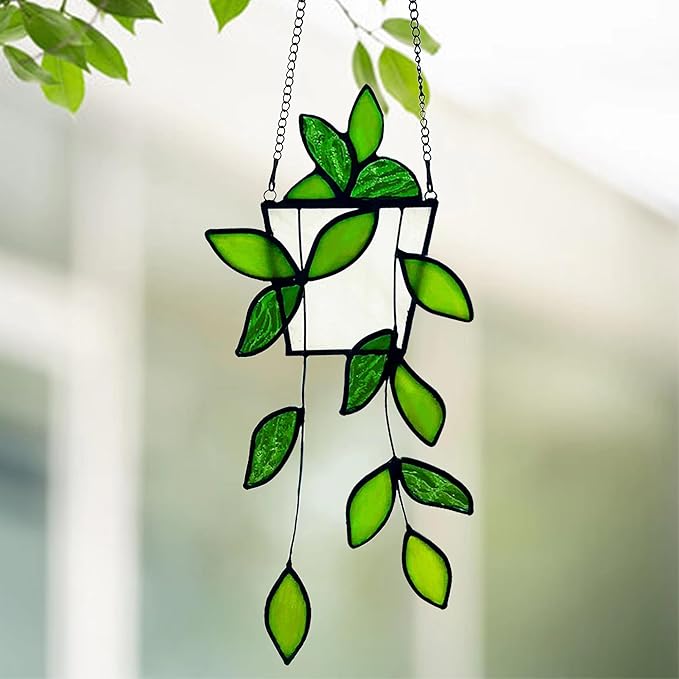 Royxen Stained Glass Window Hanging Green Plants Artificial Deocr Faux Plant Suncatchers, Gift for Plant Lover