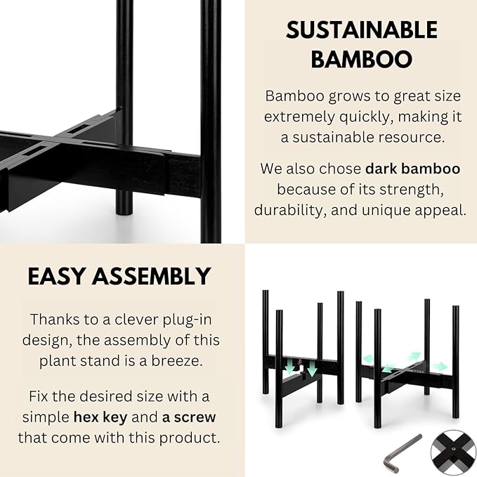 Fox & Fern Adjustable Plant Stand Indoor — 8 to 12 Inch Mid Century Bamboo Plant Stand with Adjustable Width; Plug In Design; Easy to Assemble; Two Height Options - For 8, 9, 10, 11 & 12 Inch Pots