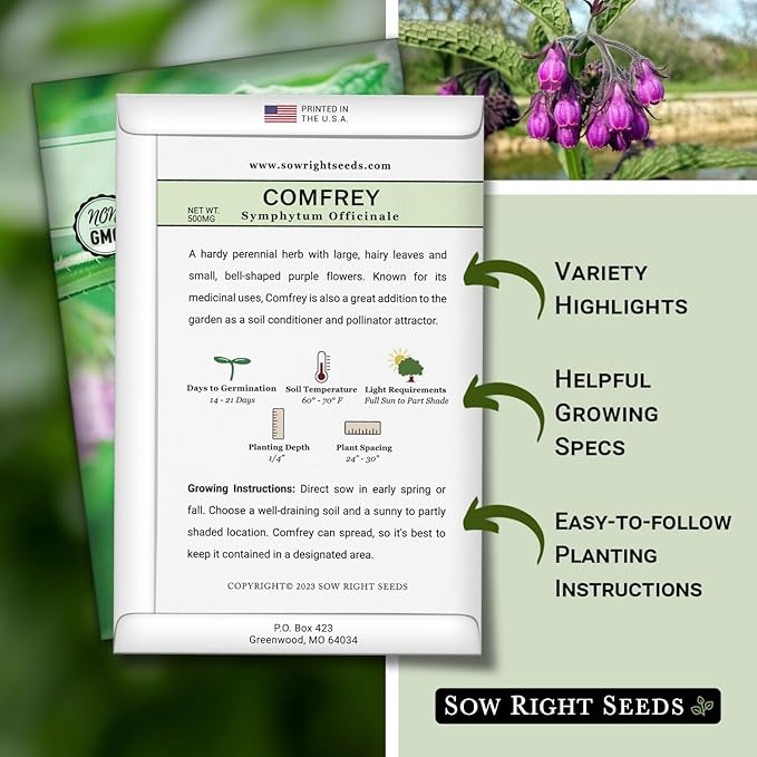 Sow Right Seeds - Comfrey Seeds for Planting - Non-GMO Heirloom Packet with Instructions to Plant an Outdoor or Indoor Herb Garden - Roots & Leaves for Home Remedies - Medicinal Salve, Oil, Tea (2)