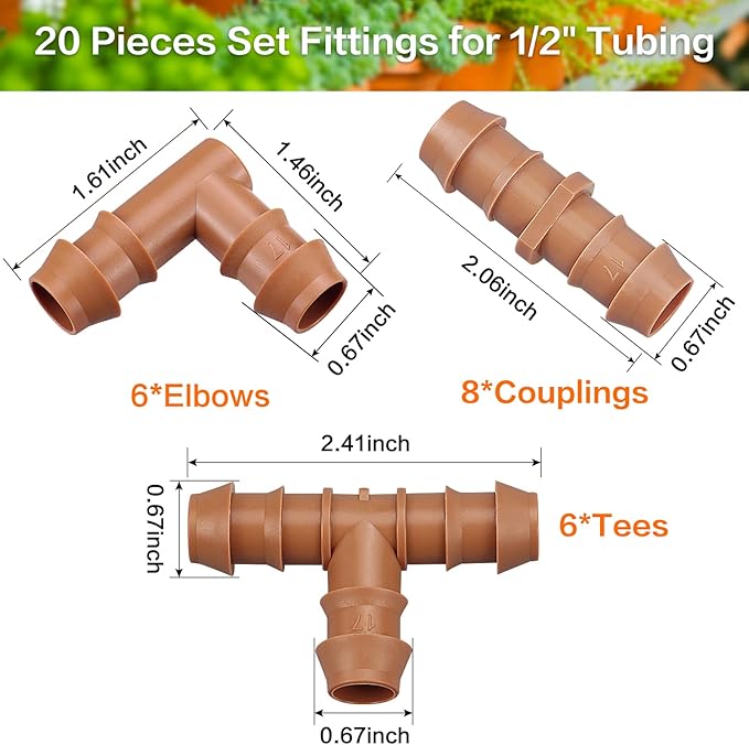 Drip Irrigation Fittings Kit for 1/2 Inch Tubing, 20 Pieces Drip Irrigation Parts for Drip Sprinkler System - 8 Couplings, 6 Tees, 6 Elbows, Drip Line Connectors for 1/2" Drip Irrigation Hose