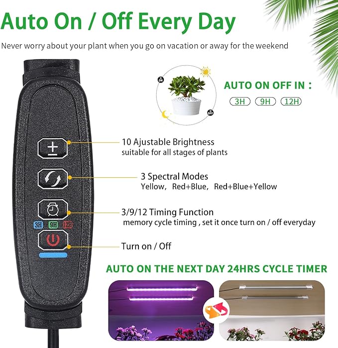 Two Strip Growing Lamp for Indoor Plants, Red & Blue & Yellow Full Spectrum LED Grow Light Strips with Auto ON/Off 3/9/12H Timer,10 Dimmable Levels for Green House Succulent (13 in)