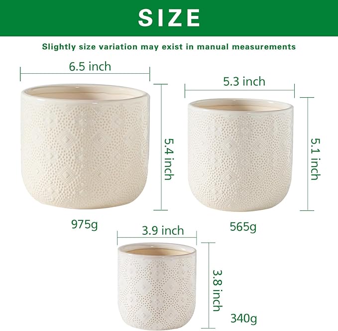 Docrin Ceramic Plant Pots Indoor：6.5+5.3+4 Inch Planters with Drainage Holes for Home/Office - Set of 3 / White