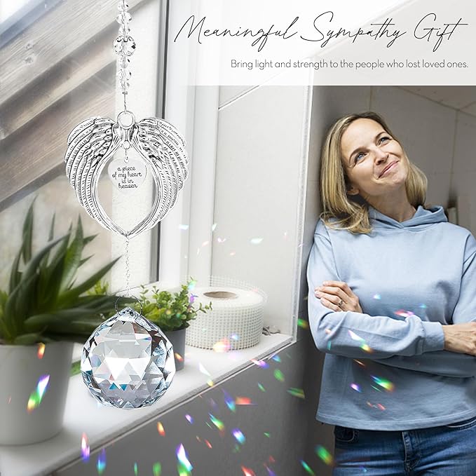 Sympathy Gift Modern Grief Gift for Lose of Loved Ones, Memorial Suncatcher with 40mm Crystal Ball, Sorry for Your Lose Rainbow Maker, Bereavement Gift Idea Angel Wings Design, Clear