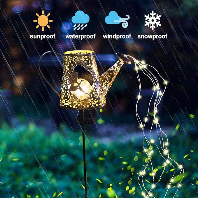 VOOKRY Solar Watering Can with Lights, Outdoor Garden Solar Lights Pathway Stake Lights Waterfall Fairy Lights Decorative Lights for Walkway, Yard, Lawn, Patio, Gardening gifts for Women, Mother's Day